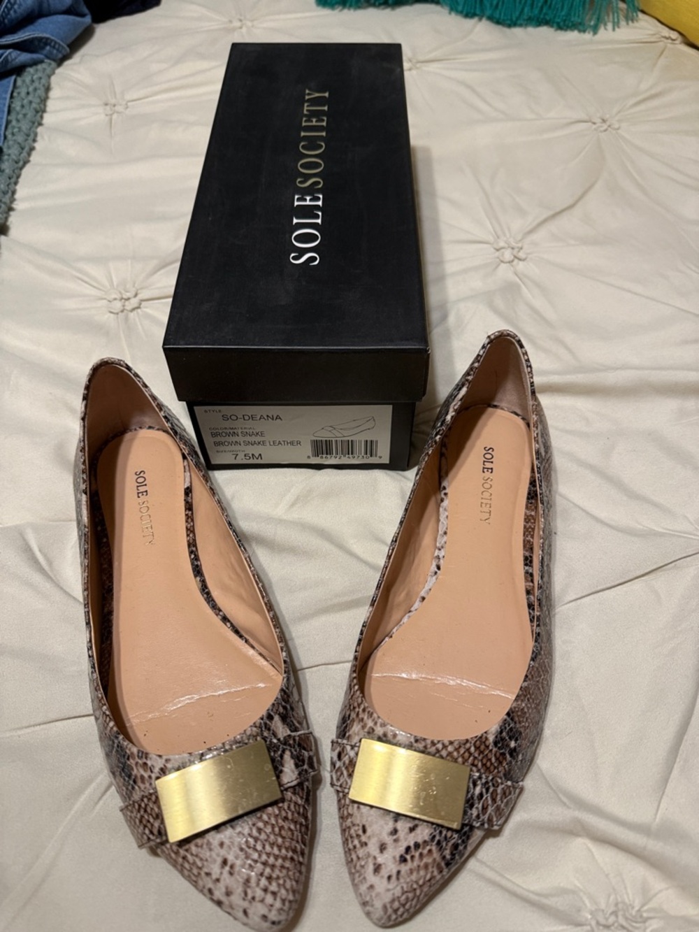 Sole Society Taupe Snake-Print Pointed Flats with Gold Plate